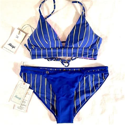 Maaji Swim Maaji Bikini Blue Yellow Stripped Reversible Bikini Nwt