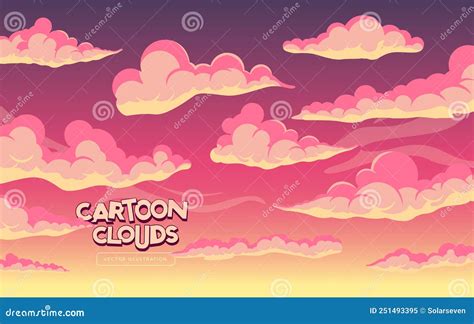 Pink Fluffy Cartoon Evening Sunset Clouds Stock Vector Illustration