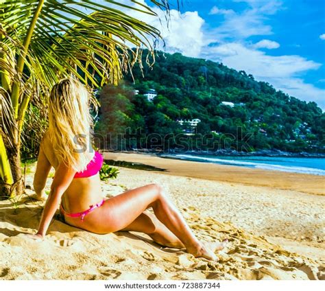 Beautiful Blonde Woman Red Bikini Sitting Stock Photo Shutterstock