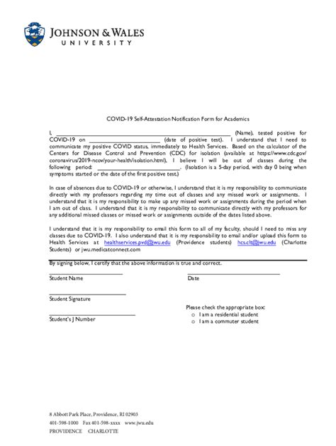 Fillable Online JWU Covid Self Attestation Form For Academics Fax Email