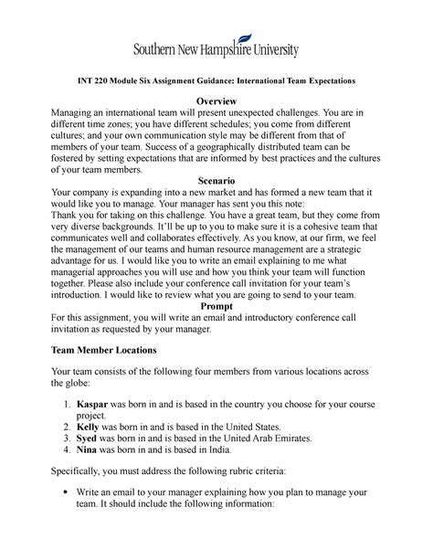 New INT220 Week 6 International Team Assignment Email Template INT