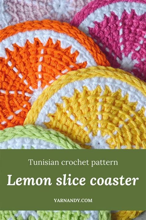 Crocheted Lemon Slice Coasters With Text Overlay That Reads Turkish Crochet Pattern Lemon Slice