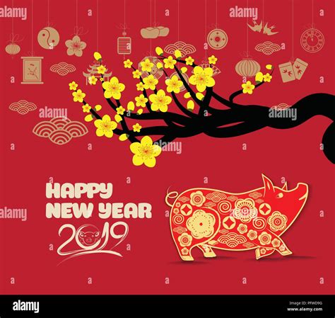 Happy Chinese New Year 2019 Zodiac Sign With Gold Paper Cut Art And