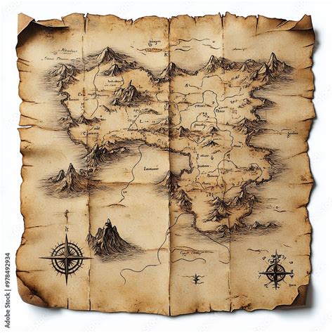 Ancient Treasure Map: A weathered, hand-drawn parchment map with a ...