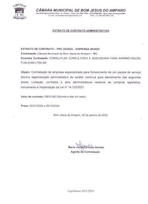 Extrato De Contratos Administrativos C Mara Municipal De Bom Jesus Do