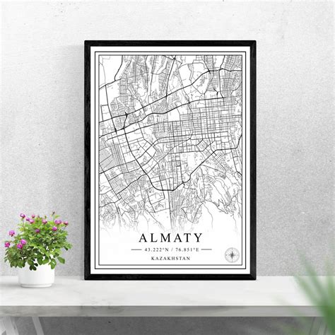 Almaty City Map Digital Download Black and White Print Design of ...