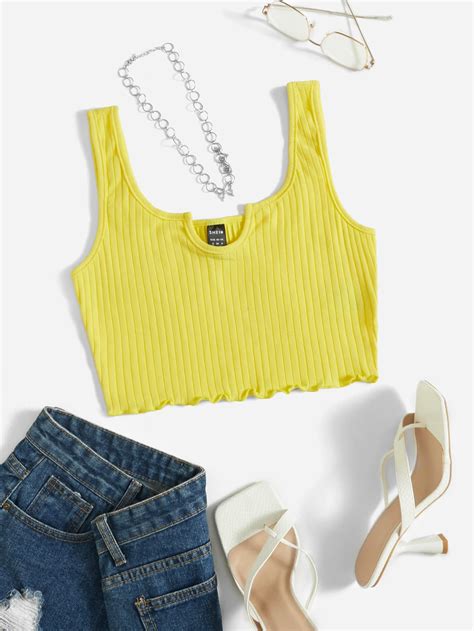 Shein Ezwear Neon Yellow Notched Neck Rib Knit Crop Tank Top Shein Usa