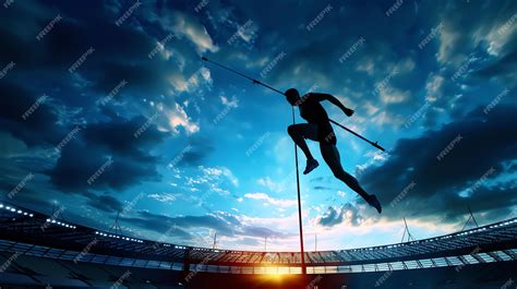pole vaulter clearing  bar  great height body arched  pole