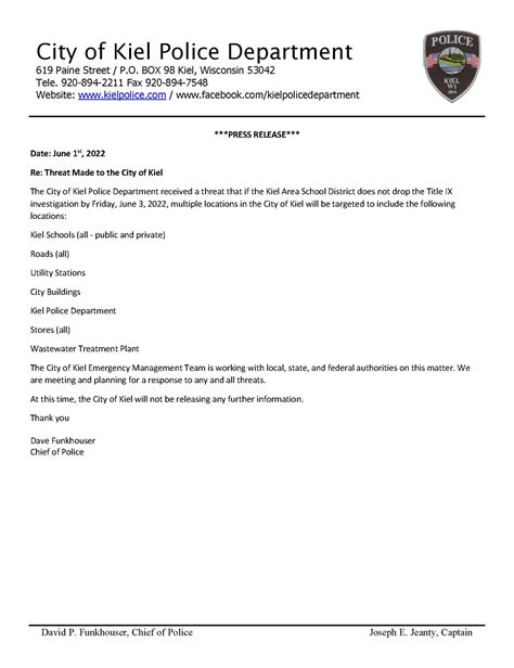 PRESS RELEASE - THREAT MADE TO... - Kiel Police Department | Facebook