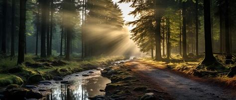 Premium Photo Forest Glow Rays Of Sunlight Passing Through The Trees