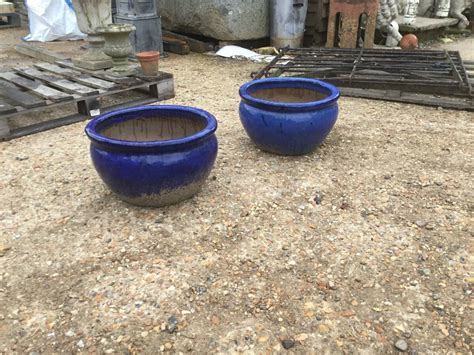 2 Large Blue Ceramic Pots - Authentic Reclamation