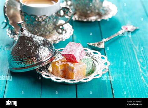 Traditional Turkish Coffee And Turkish Delight On Wooden Background