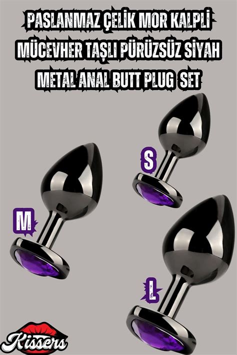 Kissers Paslanmaz Çelik Mor Kalpli Mücevher Taşlı Pürüzsüz Siyah Metal Anal Butt Plug Set 3 Lü