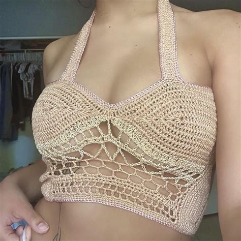 Nude Crochet Top With Pink Accents Size Depop