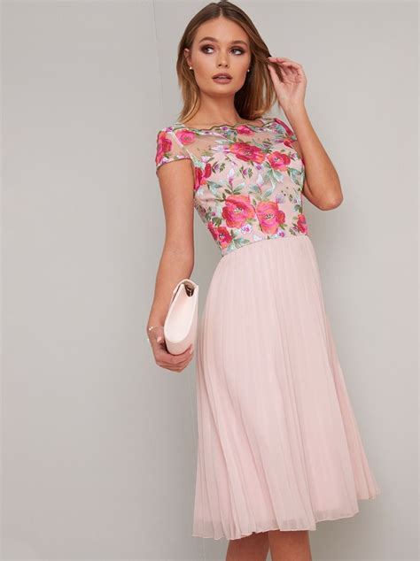 Cap Sleeved Embroidered Bodice Pleat Midi Dress In Pink Stunning Wedding Guest Dresses