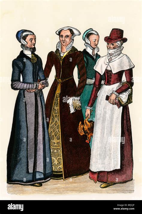 City Women And A Country Woman In Elizabethan England 1500s Stock