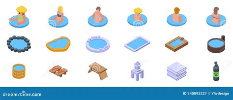 Japanese Onsen Icons Set People Enjoying Hot Springs Bath Relaxing In Onsen Spa Resort Royalty