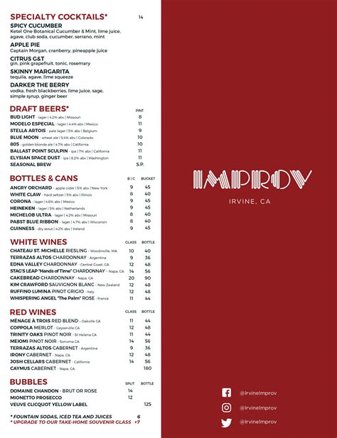 Irvine Improv Food And Drink Menu