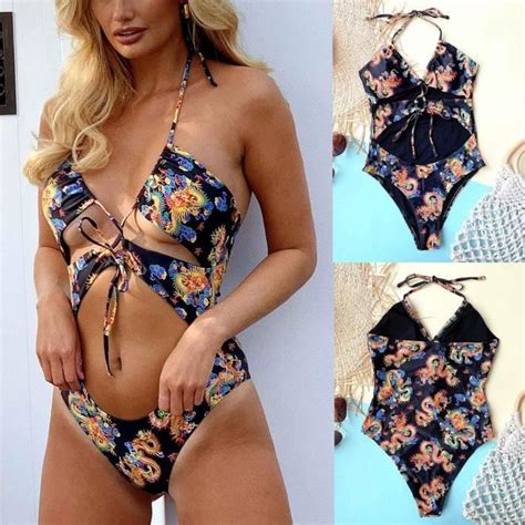 Maillot de bain une pièce pour femme Bikini Push Up Pad Maillot de bain Bandage Beachwear Noir