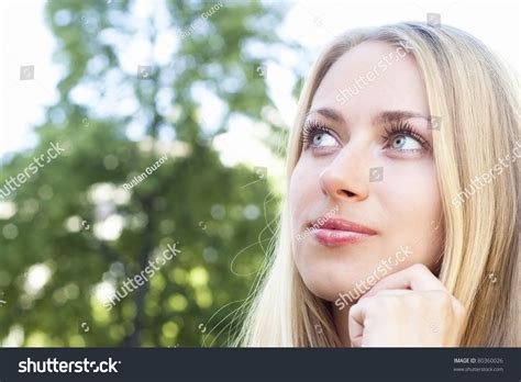 Happy Cute Blonde Stands Park Stock Photo 80360026 Shutterstock