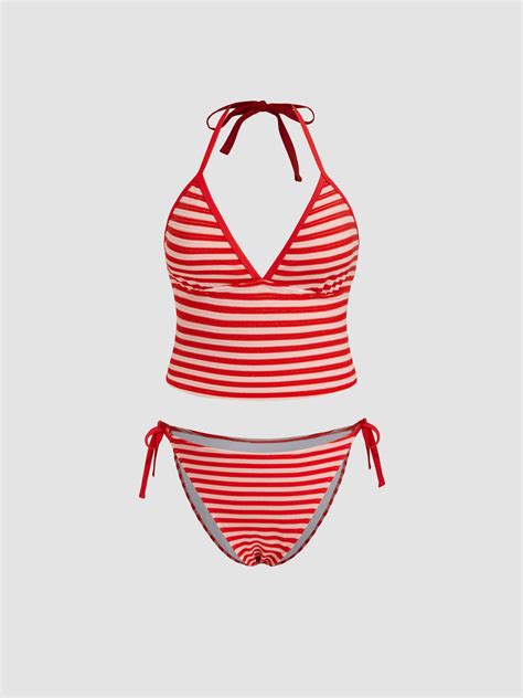 Terry V Neck Stripe Knotted Halter Tie Side Tankini Bikini Set Curve Plus For Vacation