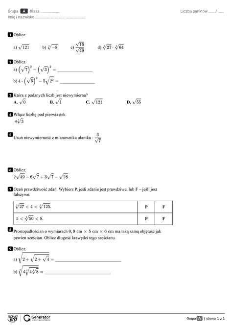 Pierwiastki Sprawdzian Kz Grupa A Strona Z Grupa A Klasa