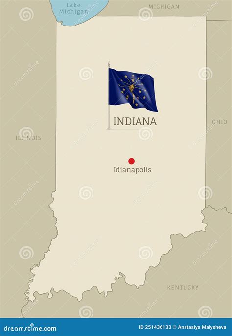 Map Of Indiana USA Federal State With Waving Flag Stock Vector