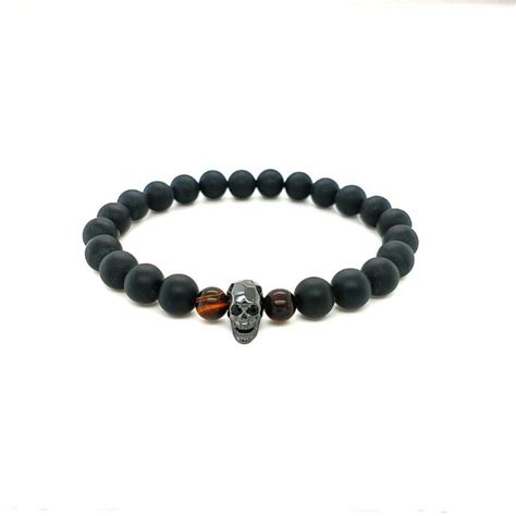 Bracelet Agate Mate Il De Tigre Et T Te De Mort Noire Acier Morrigane