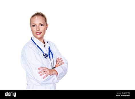 Eine Junge Blonde Rztin Mit Stethoskop In Ihrer Arztpraxis Frai Jahre Arztkittel