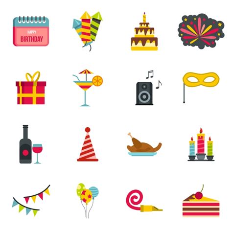 Flat Comic Style Vector Hd PNG Images Happy Birthday Icons Set Flat