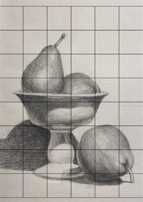 A Pencil Drawing Of Two Pears In A Bowl On Top Of A Tiled Wall