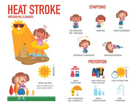 heat stroke risk sign  symptom  prevention infographic vector