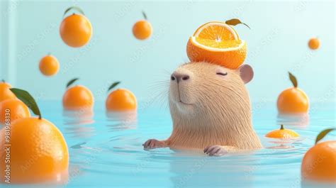 Capybara In Japanese Onsen Hot Spring With Orange Cute Capybara Vector