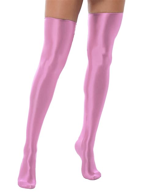 Alvivi Women Shiny Oily Nylon High Stockings Elastic Thigh High Sheer Stockings Lingerie Pink