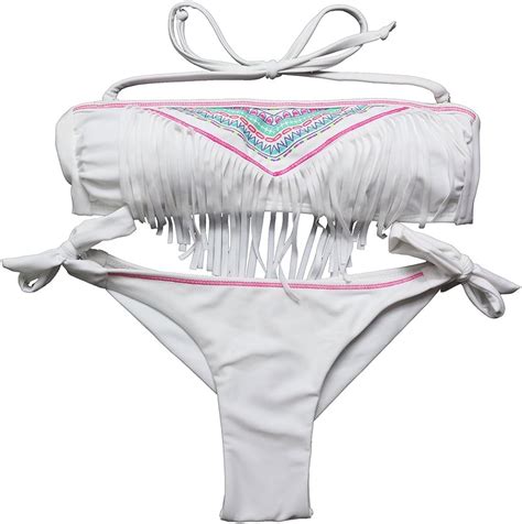 EONAR Damen Push Up Bikini Sets Bademode Mit Quast Fransen Seitlich Gebunden Bandeau Amazon De