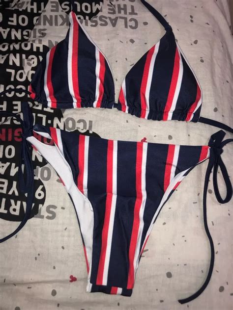 Blue Striped Tie Halter Triangle Bikini IRHAZ