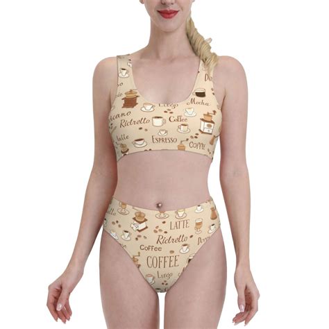 Adobk Coffee Time Print Women High Waisted Bikini Set Sports Swimsuit Bathing Suit Large