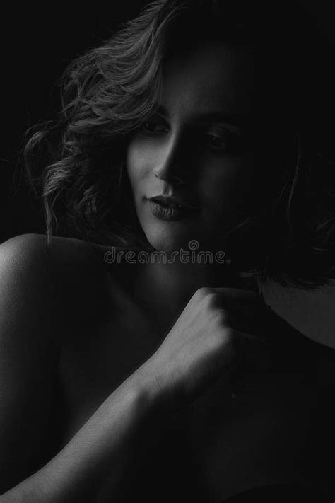 Black And White Portrait Of Gorgeous Brunette Model With Naked Shoulders Stock Image Image Of