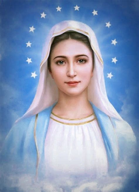 A Painting Of The Virgin Mary In Blue And White With Stars Above Her