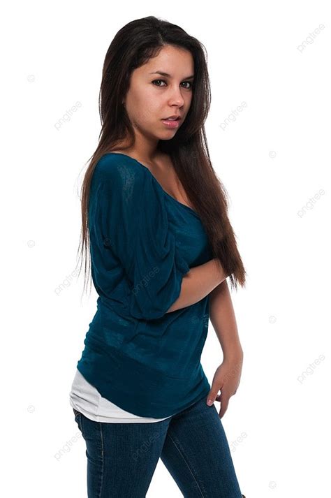 Fundo Muito Jovem Petite Latina Em Uma Blusa Azul Petróleo E Jeans Foto E Imagem Para Download
