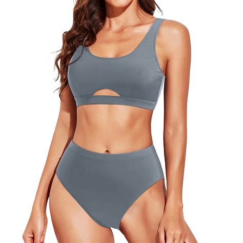 Sngxgn Women S High Waisted Bikini Scoop Neck Swimsuit Two Pieces Bathing Suit Grey Xxl