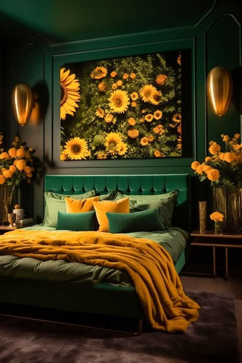 Sunflower Bliss In Emerald Green Elegant Bedroom Bedroom Interior Bedroom Green Emerald