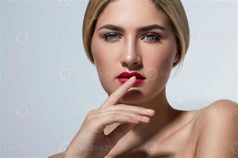 Portrait Of Beautiful Blonde Girl With Red Lips Stock Photo At Vecteezy