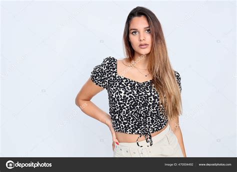 Beautiful Brunette Female Model Posing Studio Isolated Background Style Trends Stock Photo