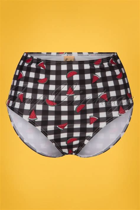 Collectif Clothing S Melon Gingham High Waist Bikini Brief In Black And White Shop At Topvintage