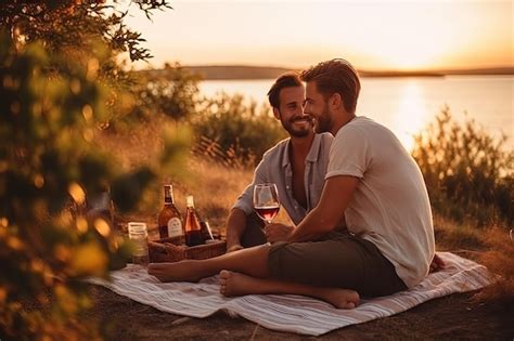 Una pareja gay en la playa durante la puesta de sol se divierten charlando conociéndose y