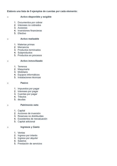 Ejemplos Contabilidad Elabora Una Lista De 5 Ejemplos De Cuentas Por