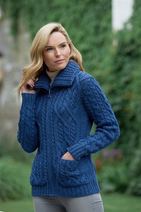 Double Collar Zip Merino Aran Cardigan The Irish Celtic Craft Shop