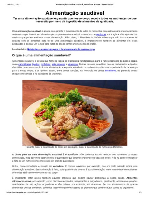 Uma Alimentação Adequada E Aquela Que Inclui Todos Os Nutrientes - Alimentação Saudável: Dicas e Benefícios | PDF | Nutrientes | Alimentos