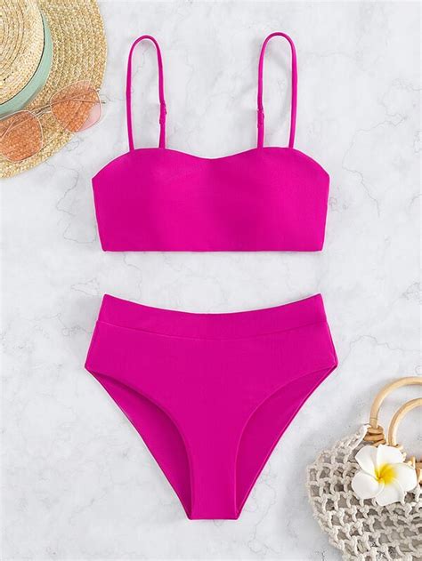 SHEIN Swim Basics Solid Bikini Set Cami Bra High Waisted Bottom 2 Piece Bathing Suit SHEIN UK
